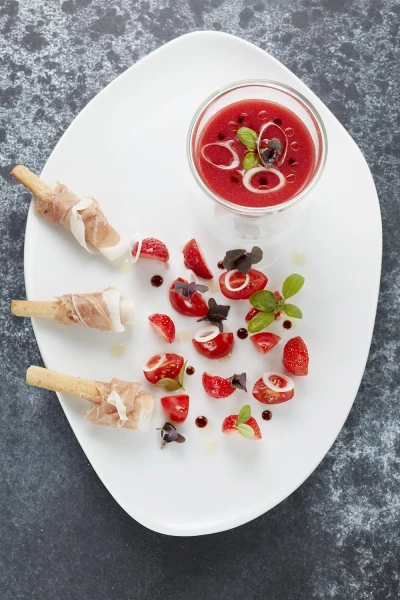 Three Michelin starred, Alain Roux of The Waterside Inn, Bray (UK) created this gorgeous summer dish - Strawberry Gazpacho with cured ham and balsamic vinegar <br />
Magazine: @SeasonedbyChefs<br />
Chef: Alain Roux<br />
